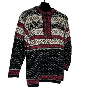 Faire Isle Norwegian Wool Black Red Patterned Crewneck Sweater Metal 1/4 M